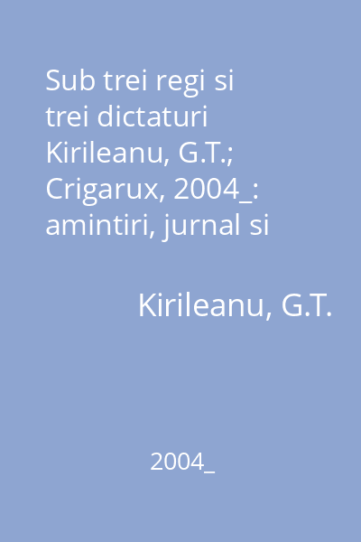 Sub trei regi si trei dictaturi  Kirileanu, G.T.; Crigarux, 2004_: amintiri, jurnal si epistolar : Patrimoniu